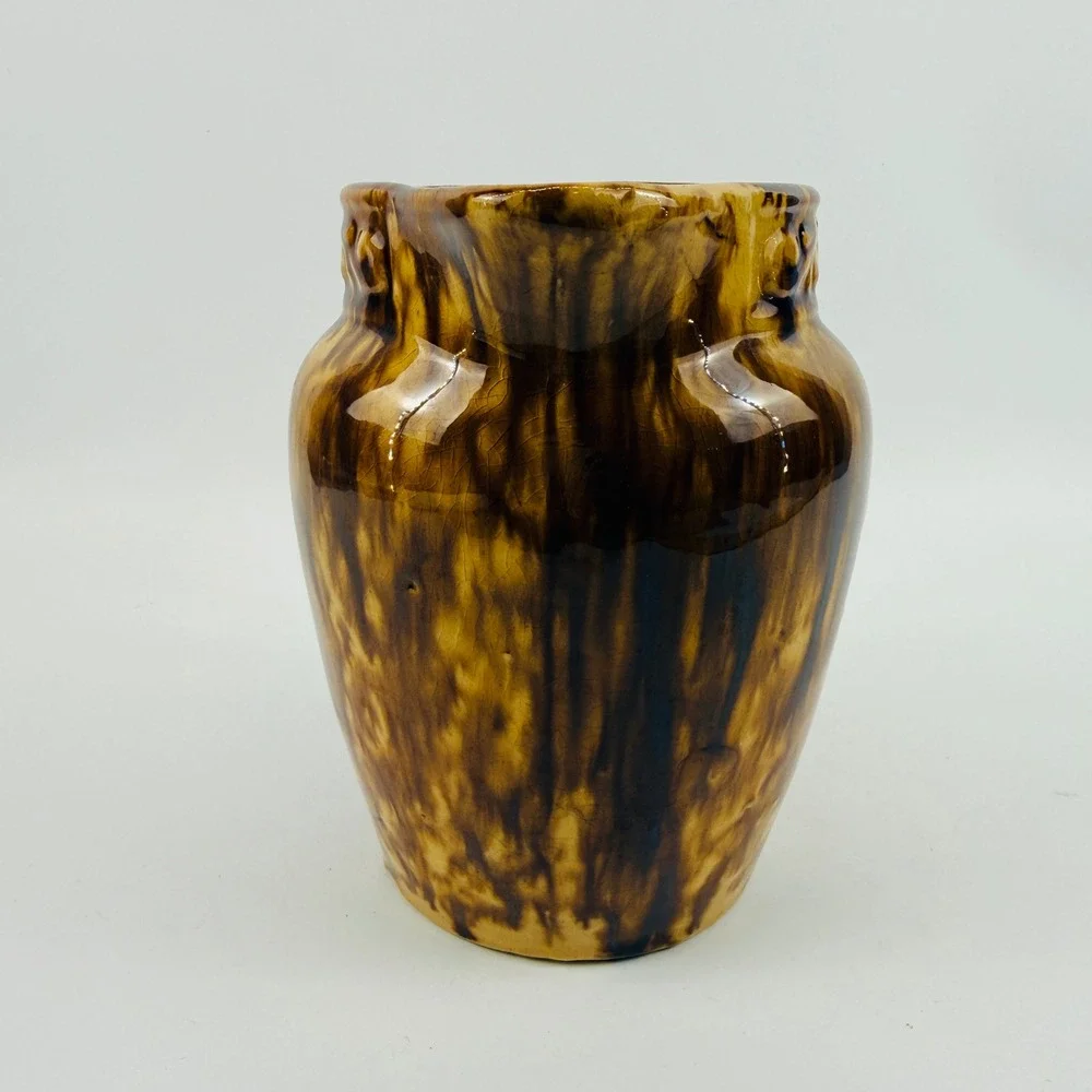 Antique Rockingham Glaze Stoneware Pitcher Brown Bennington Style Embossed 6.5in
